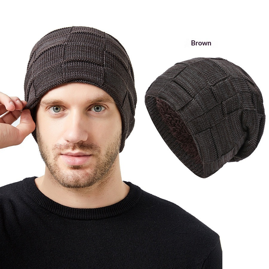 Mens Winter Knitted Hat Couples Style Warm Fleece-Lined Ear-Protecting Wool Cap