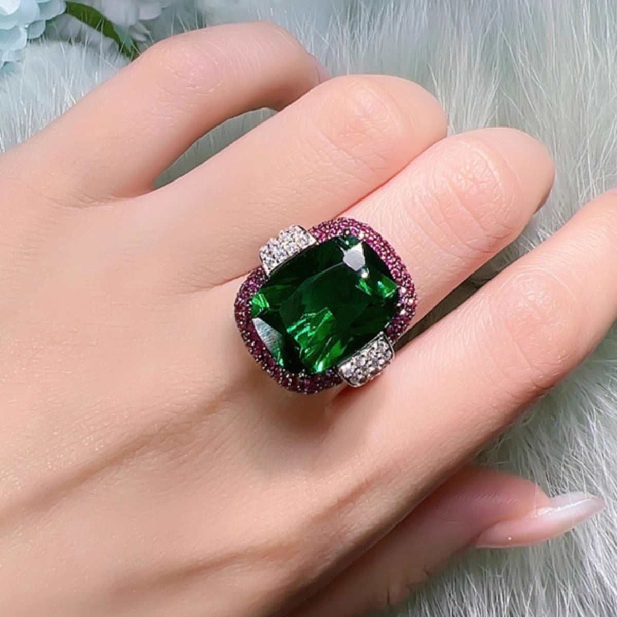 Cushion Emerald & Fuchsia Tone Simulated Zirconia Two Tone Pave Statement Ring Silver Tone Women Party Finger Ornaments