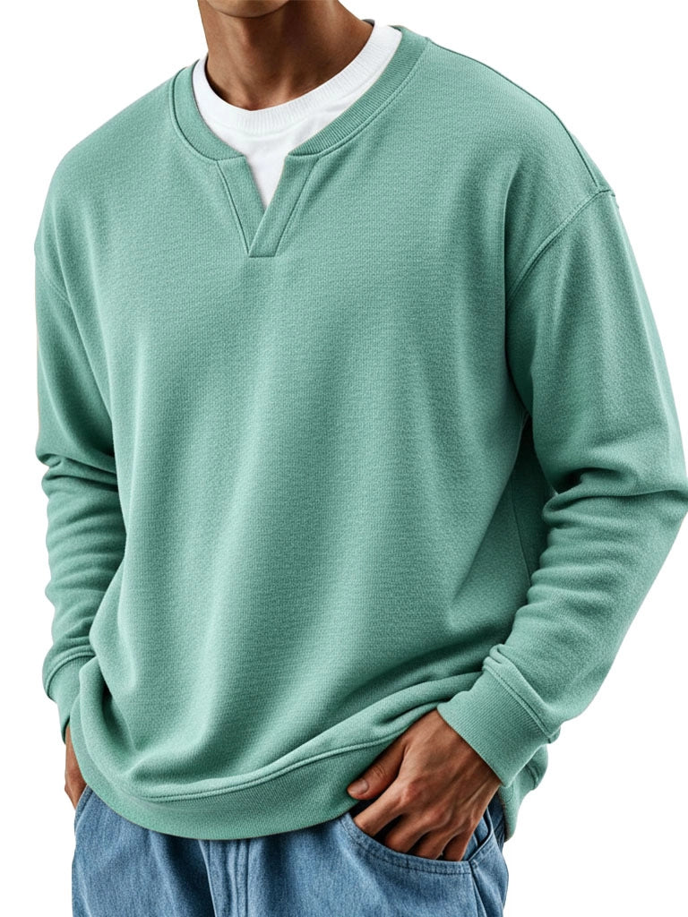 Mens Patchwork Mock Two-Piece Crew-Neck Long-Sleeve Top
