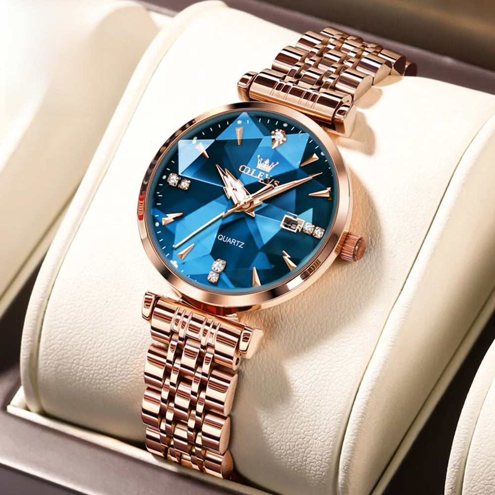 Damen-Edelstahl-Uhr Roségold Blaues Zifferblatt Zirkon