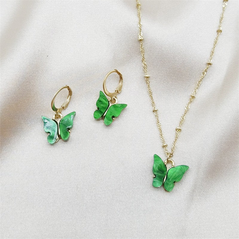 Color Acrylic Butterfly Earrings And Necklace Set