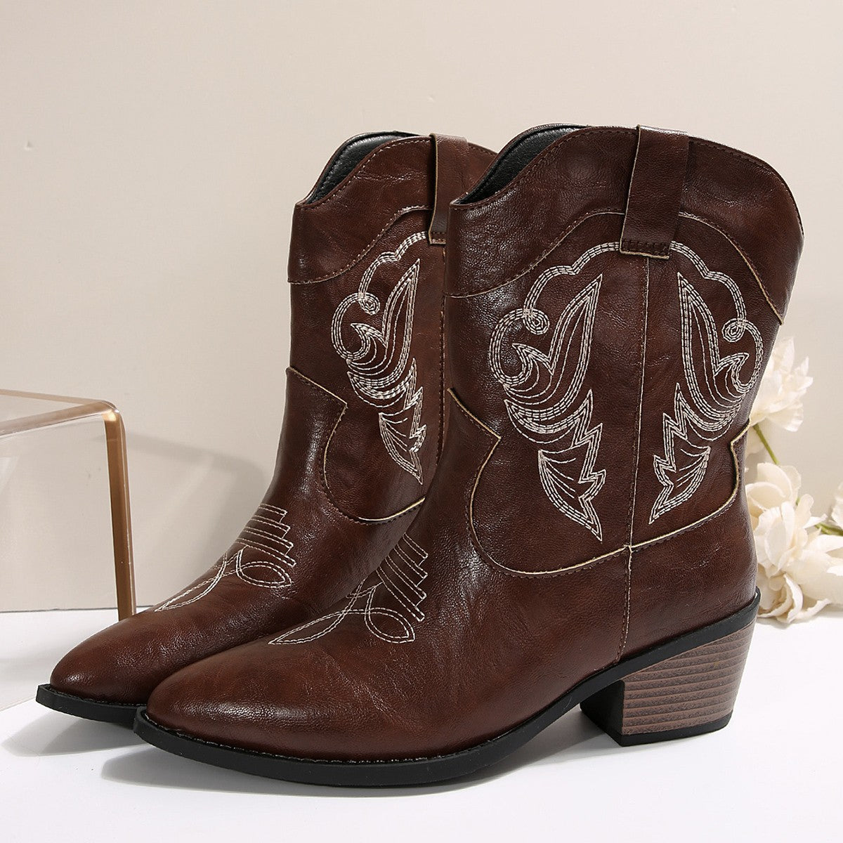 Western Cowboy Embroidered Chunky Heel Versatile Mid-calf Vintage Boots