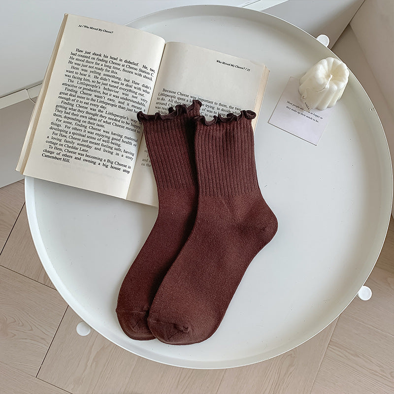 Solid-color Ruffle-trimmed Socks For Women