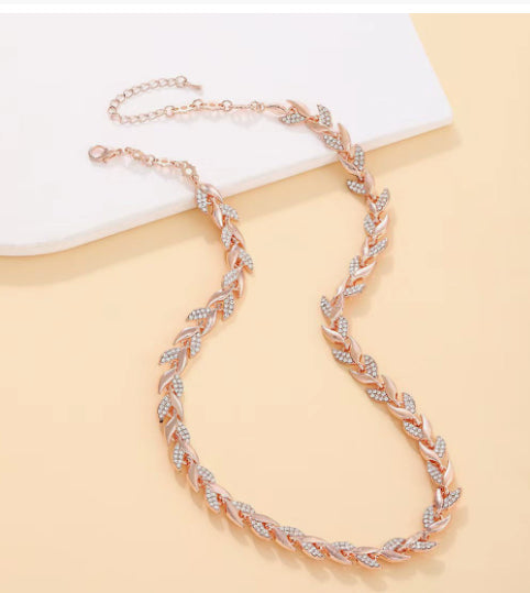 2PCS Glass Leaf Necklace Set Elegant Rhinestone Chain Necklace Bracelet For Women Fashion Luxury Jewelry Set