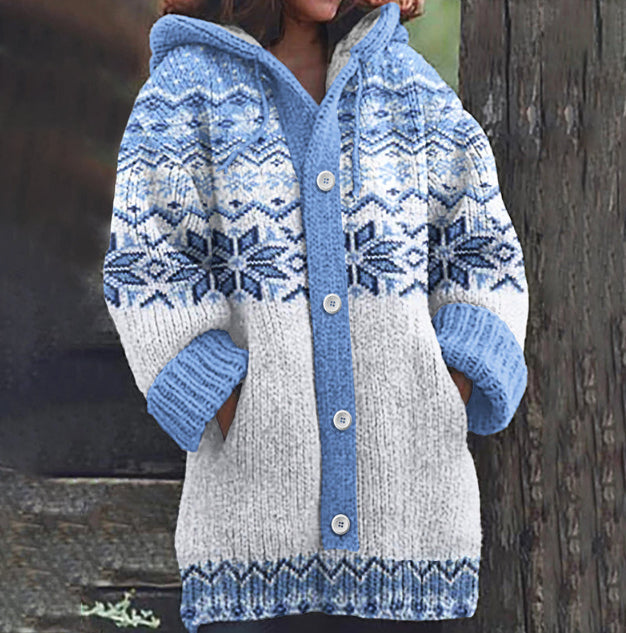 Women’s Floral Cardigan – Retro Hooded Loose Knit Top