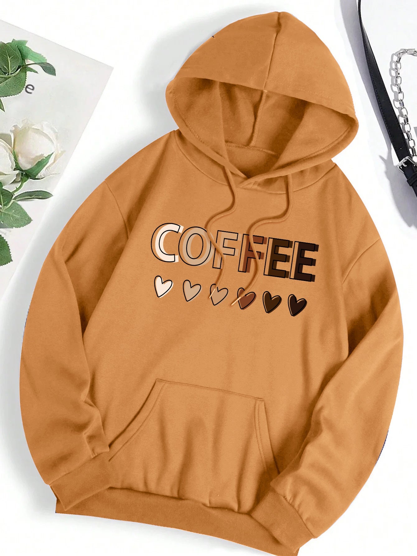 Casual Hooded Sweatshirt With Coffee-themed Lettering Print