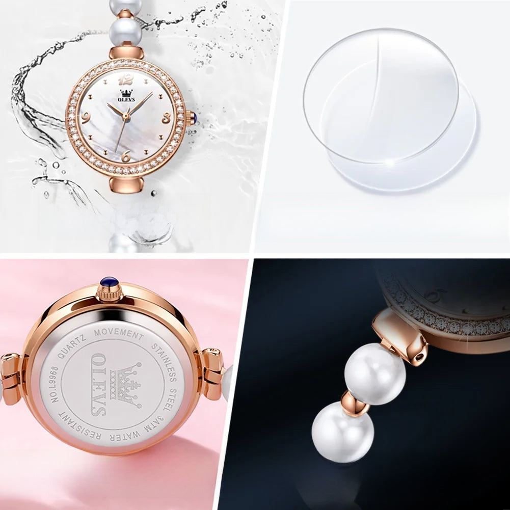 Montre Bracelet Femme Perles, Lunette Cristal Rose Doré