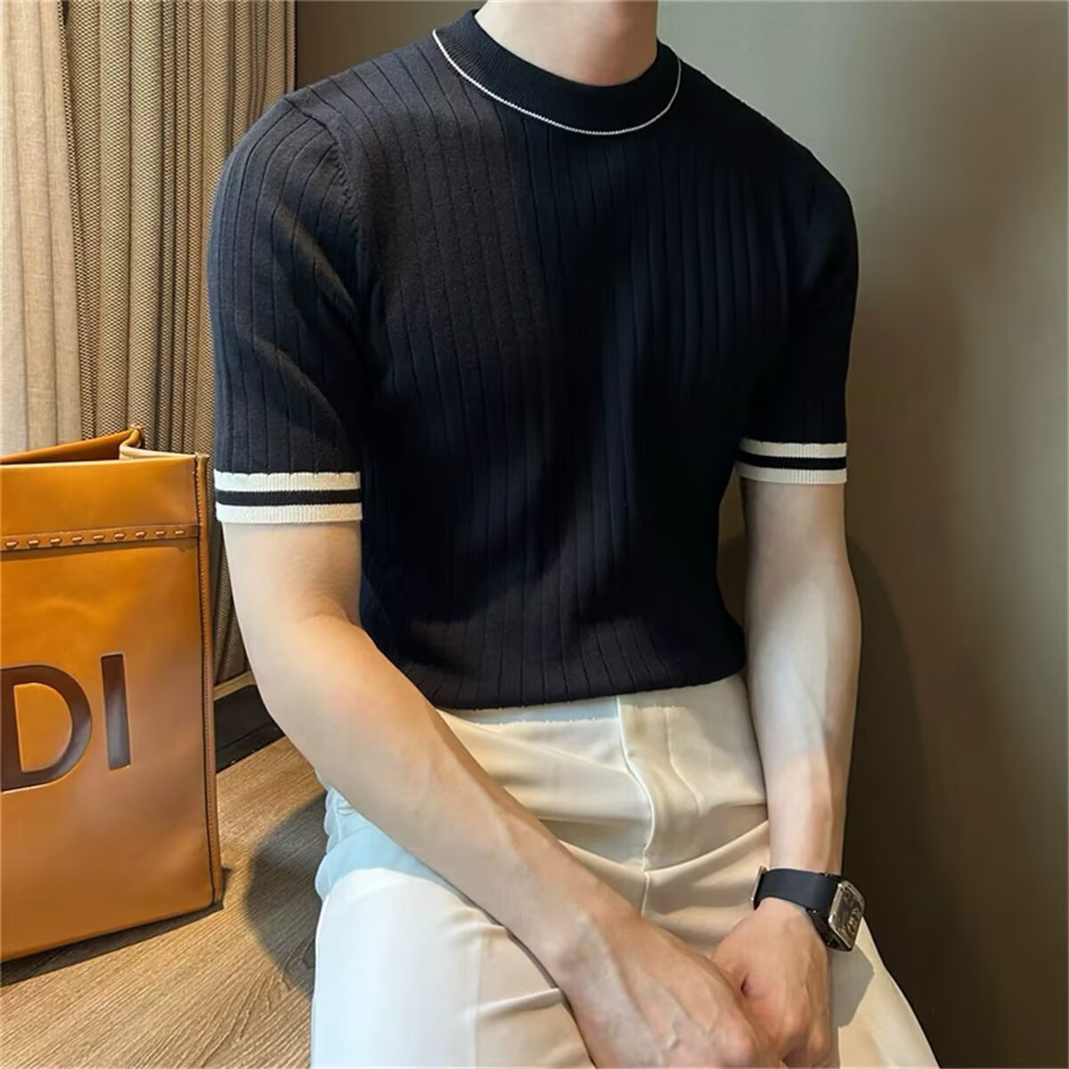 Men's Short-Sleeve Ice Silk Knit Shirt Crew-Neck Slim-Fit Sweater