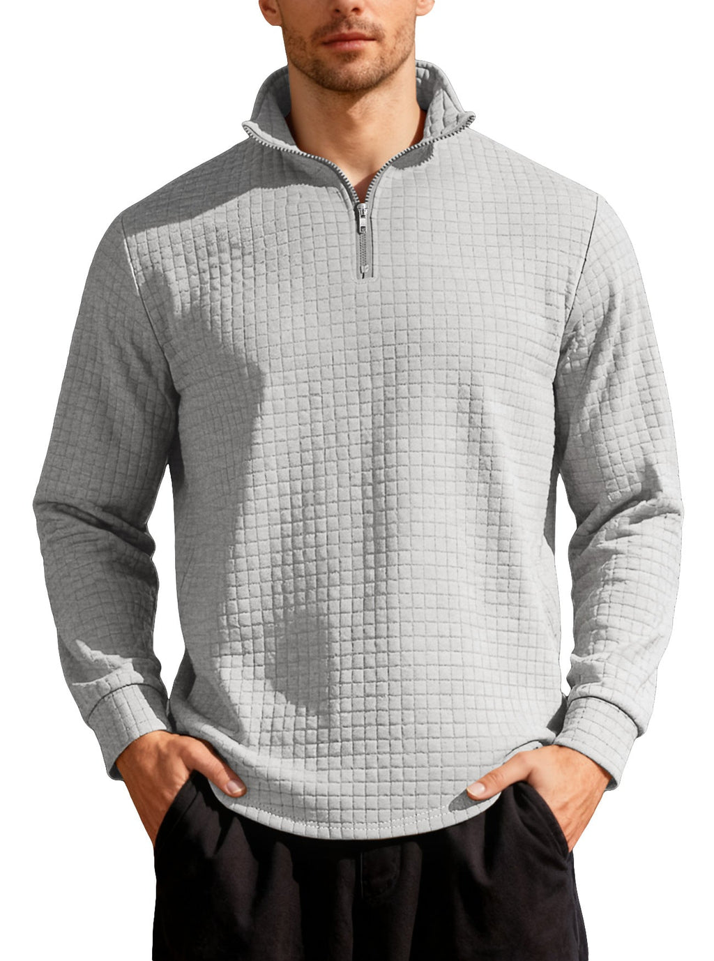 Business-casual Mens Loose-fit Jacquard Crew-neck Half-zip Hoodie With Small Square Patterns
