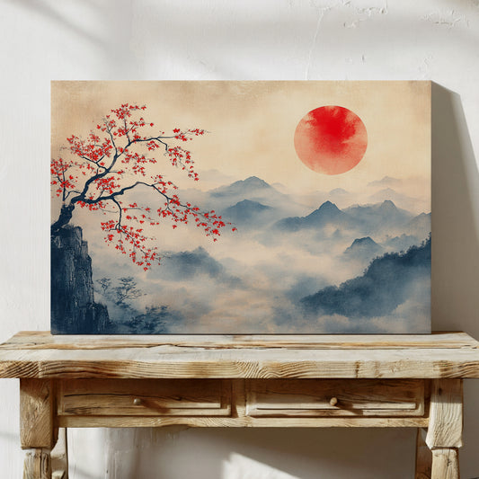 Japanische Rote Sonne & Nebelgebirge Wandkunst – Zen Tuschemalerei Landschaft