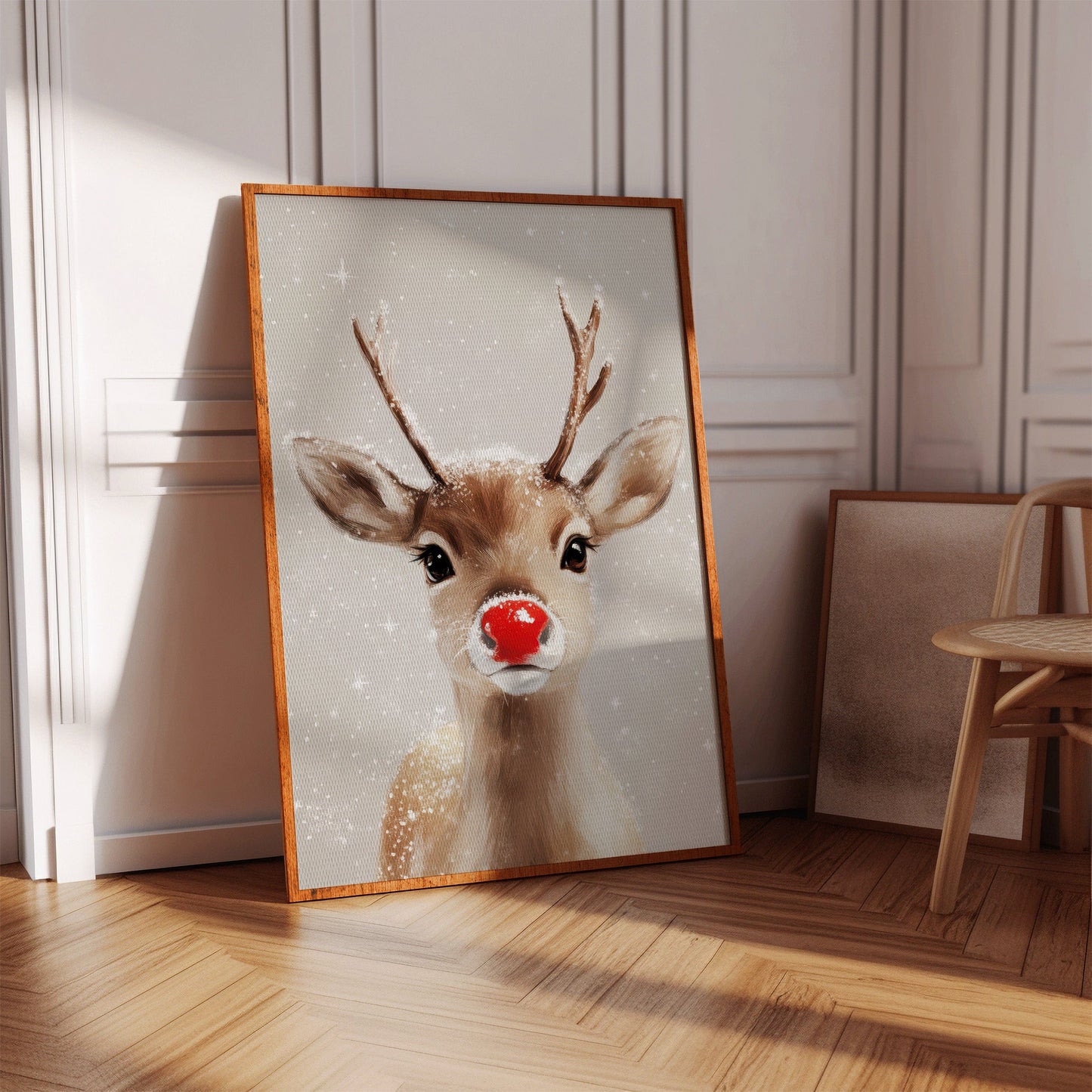 Adorable renne enneigé – Impression murale de Noël douillette