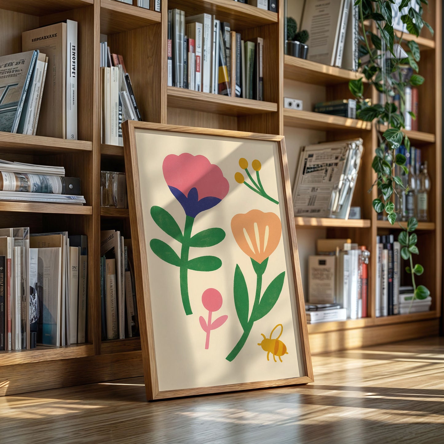 Hummel und Blüten auf Cremefarben