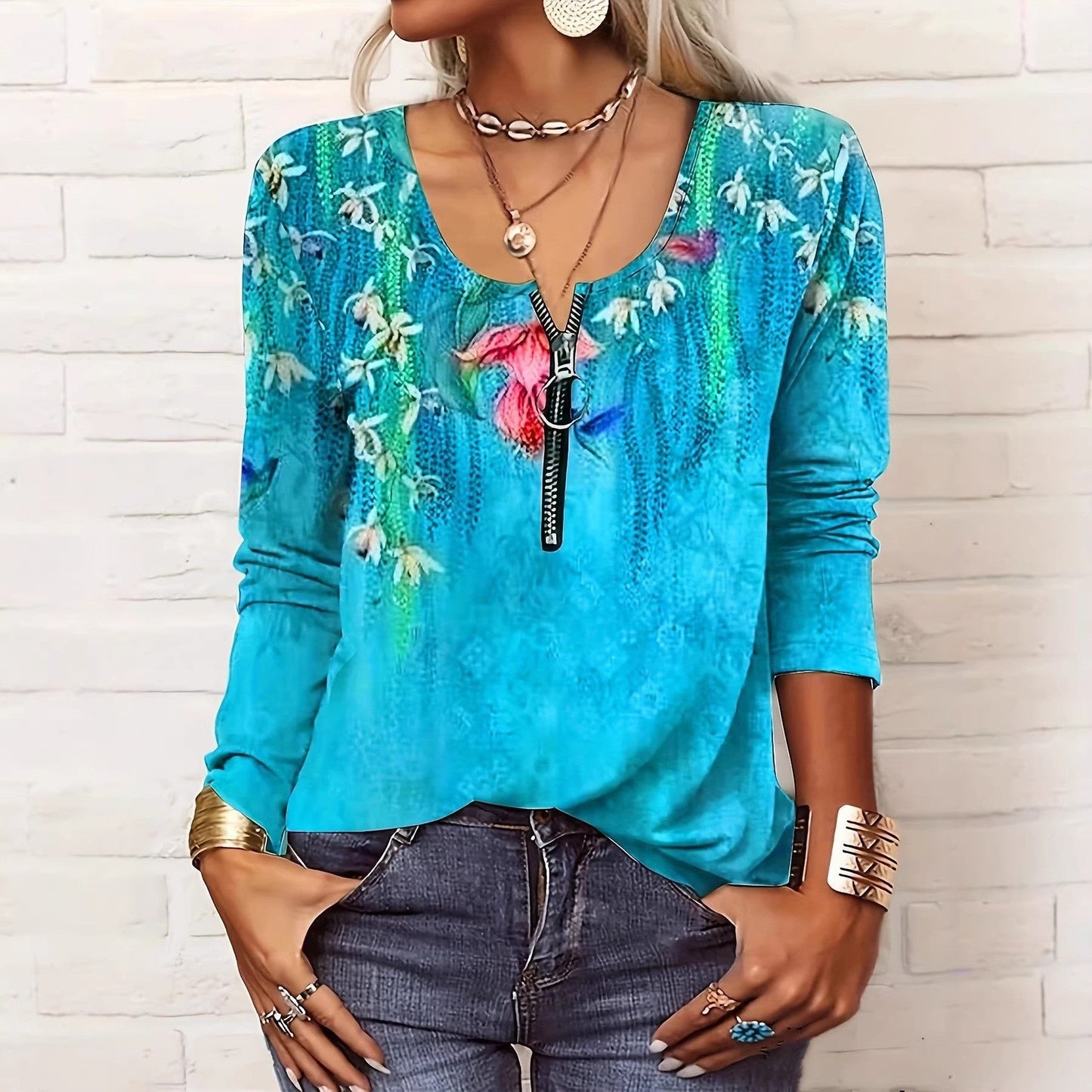 Womens Long-sleeve Printed T-shirt With A Zipper