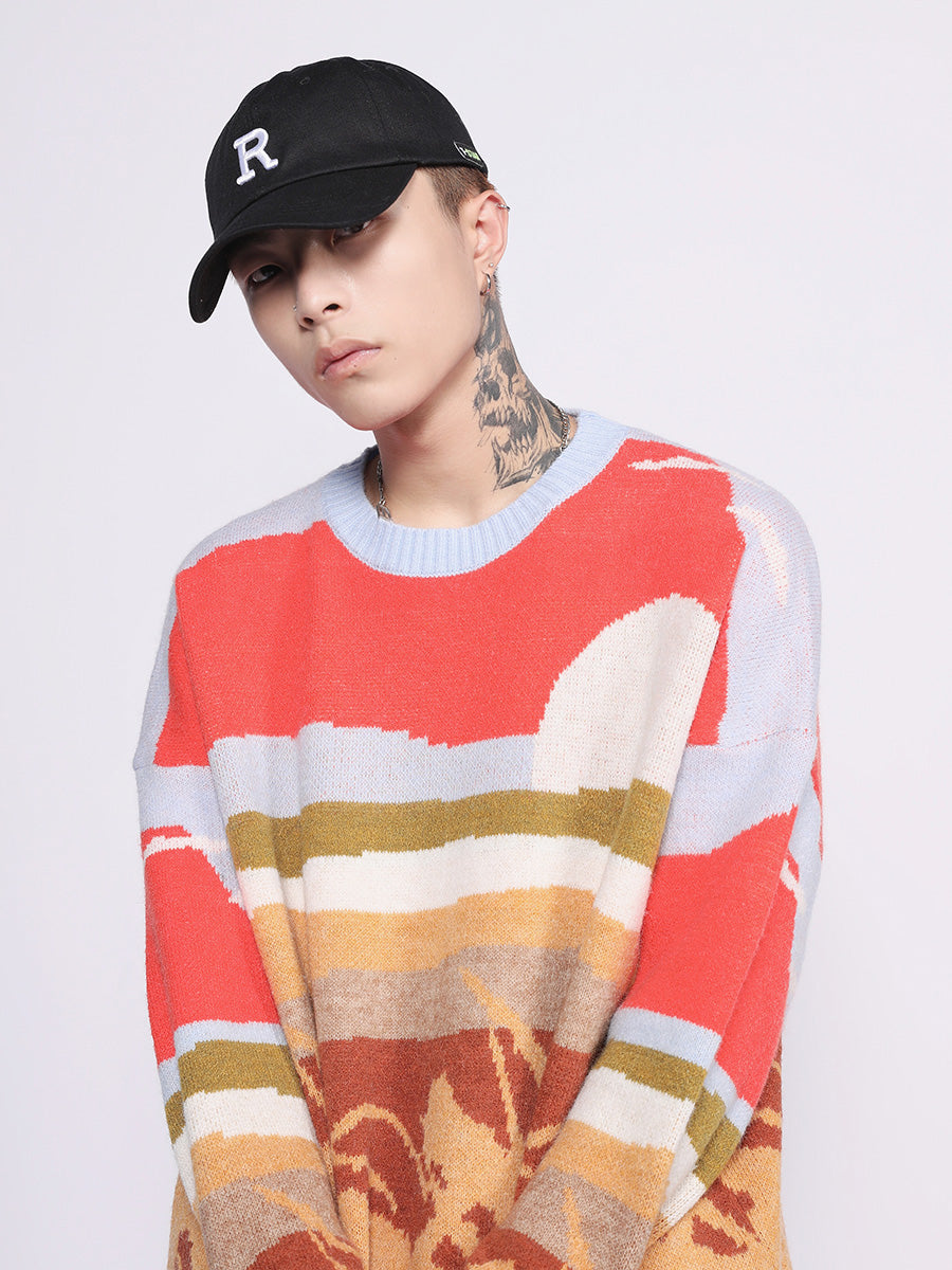 Pull en tricot motif scène agricole