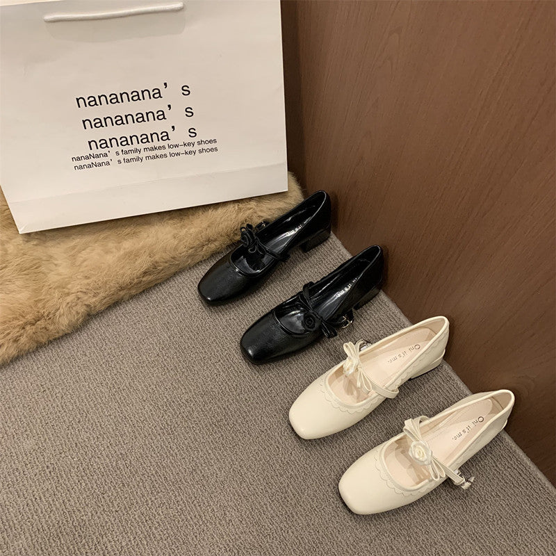 2026 Spring New Women French Bow Square Toe Block Heel Mary Jane Shoes For Dresses