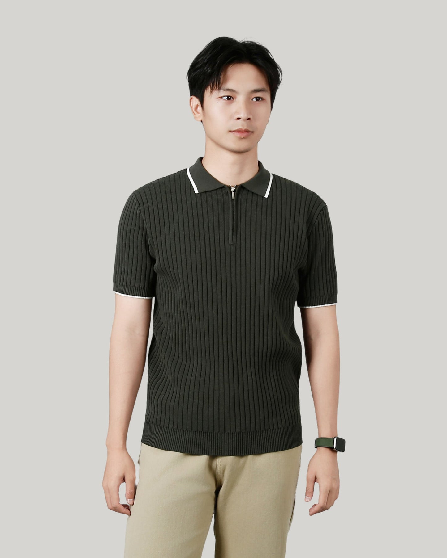 Men's Half-zip Ice Silk Knitted Lapel Vertical Striped Top