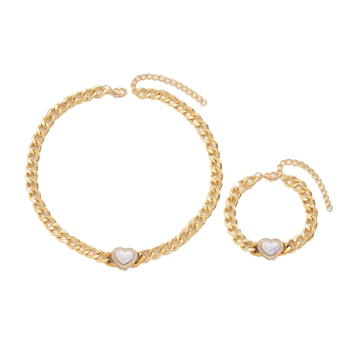 Fashion Hip Hop Women Jewelry Set Cross-border European American Style, Niche Heart Design Inlaid Cubic Zirconia, Matching Clavicle Chain & Bracelet