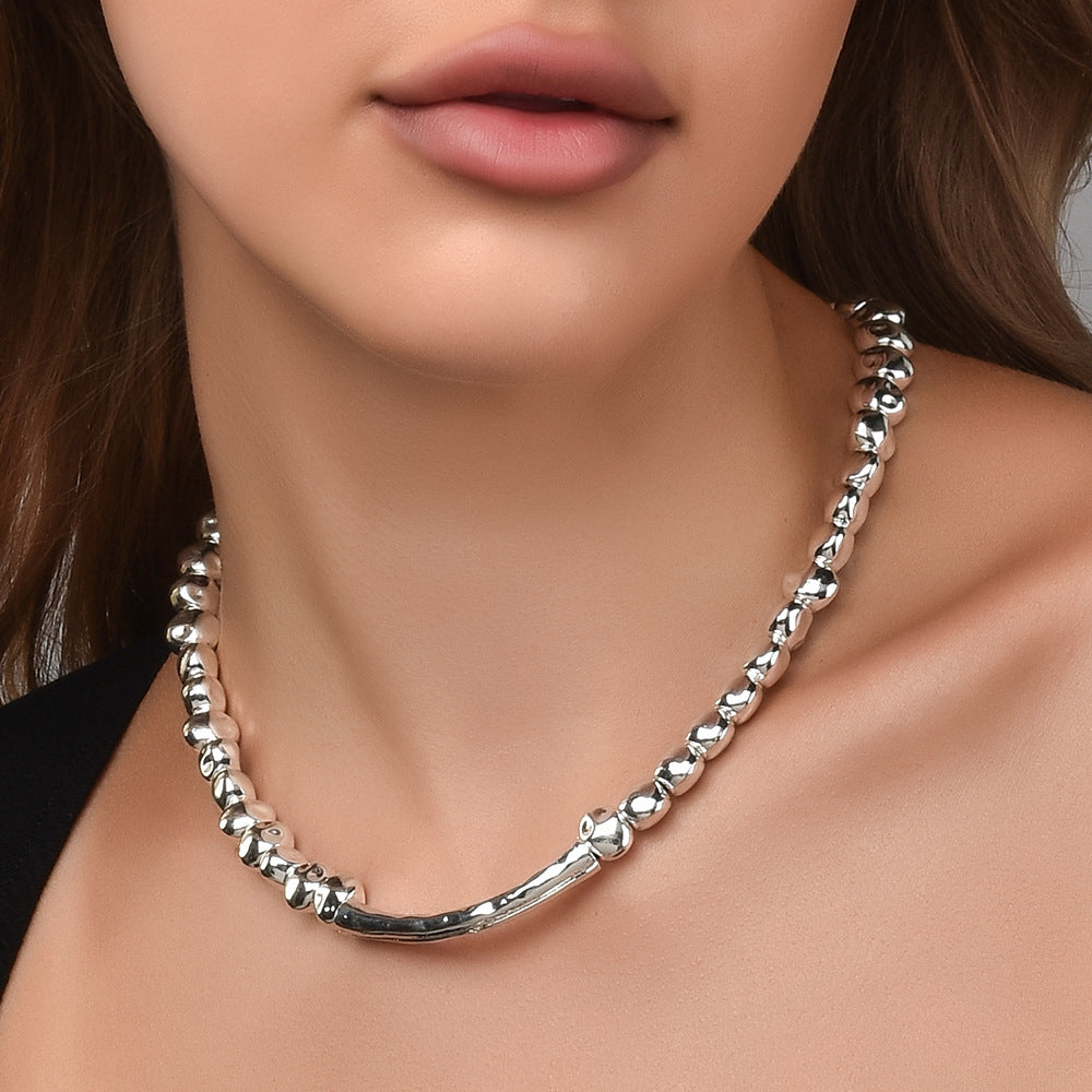 Irregular Broken Silver Curved Bar Choker Necklace, Minimal Quiet Luxury Collarbone Chain For European Spanish Women