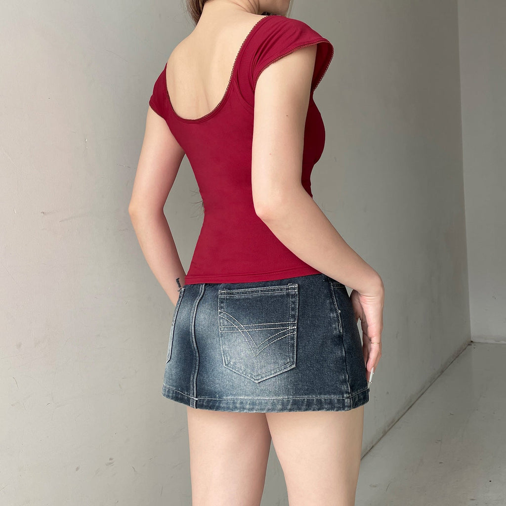Women's Lace Up Square Neck Slimming Short Sleeve Top