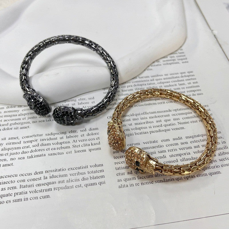 Shimmering Light-luxury Golden Skull Open Bangle Studded With Diamonds
