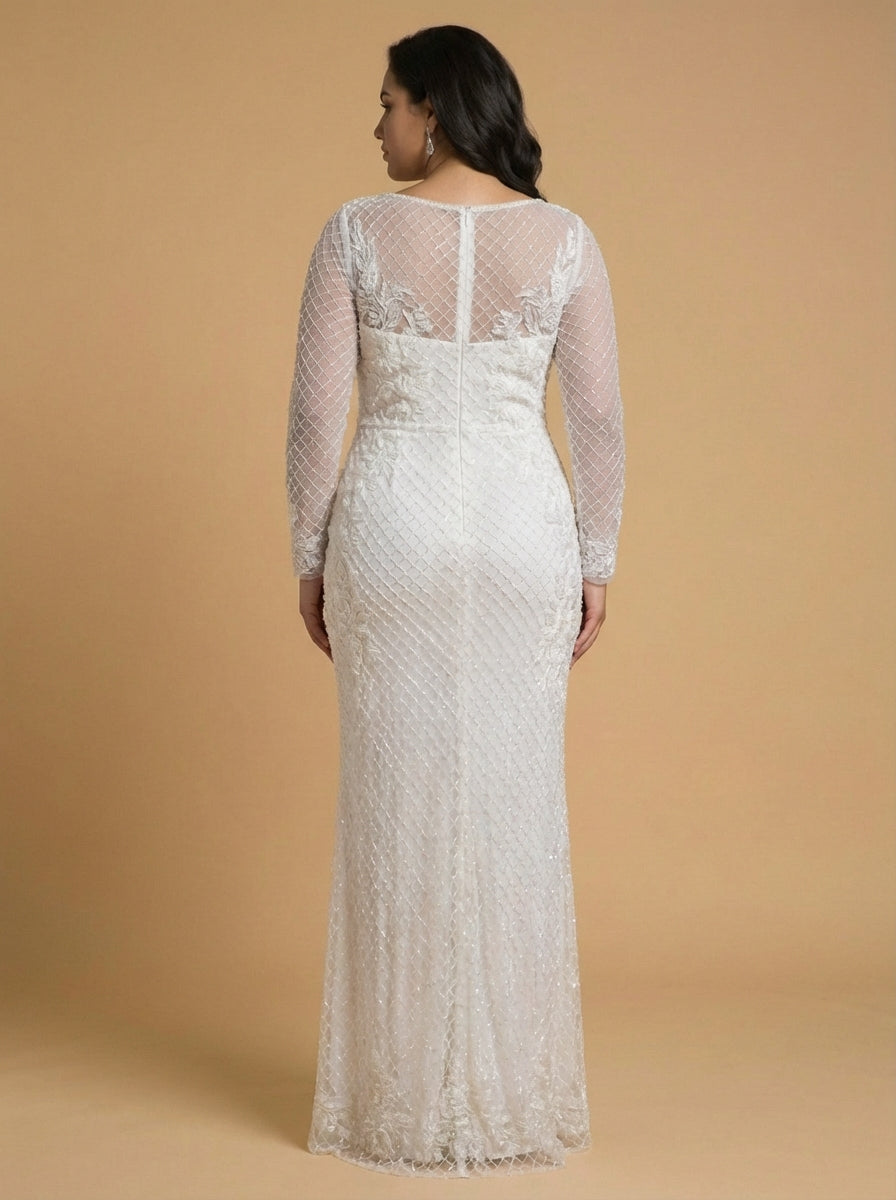 Hochgeschlossenes, langärmeliges, perlenbesetztes Hochzeitskleid – Lara 51004