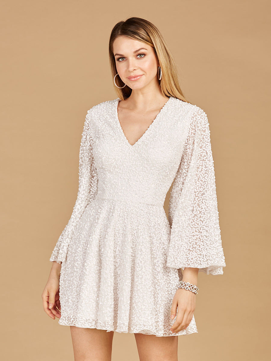 Robe de cocktail de mariée à manches longues cloches et sequins