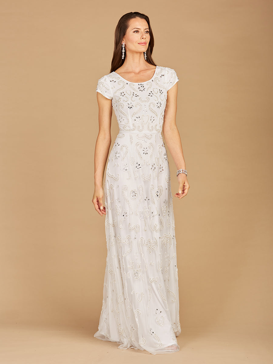 Robe de mariée à manches courtes et perles