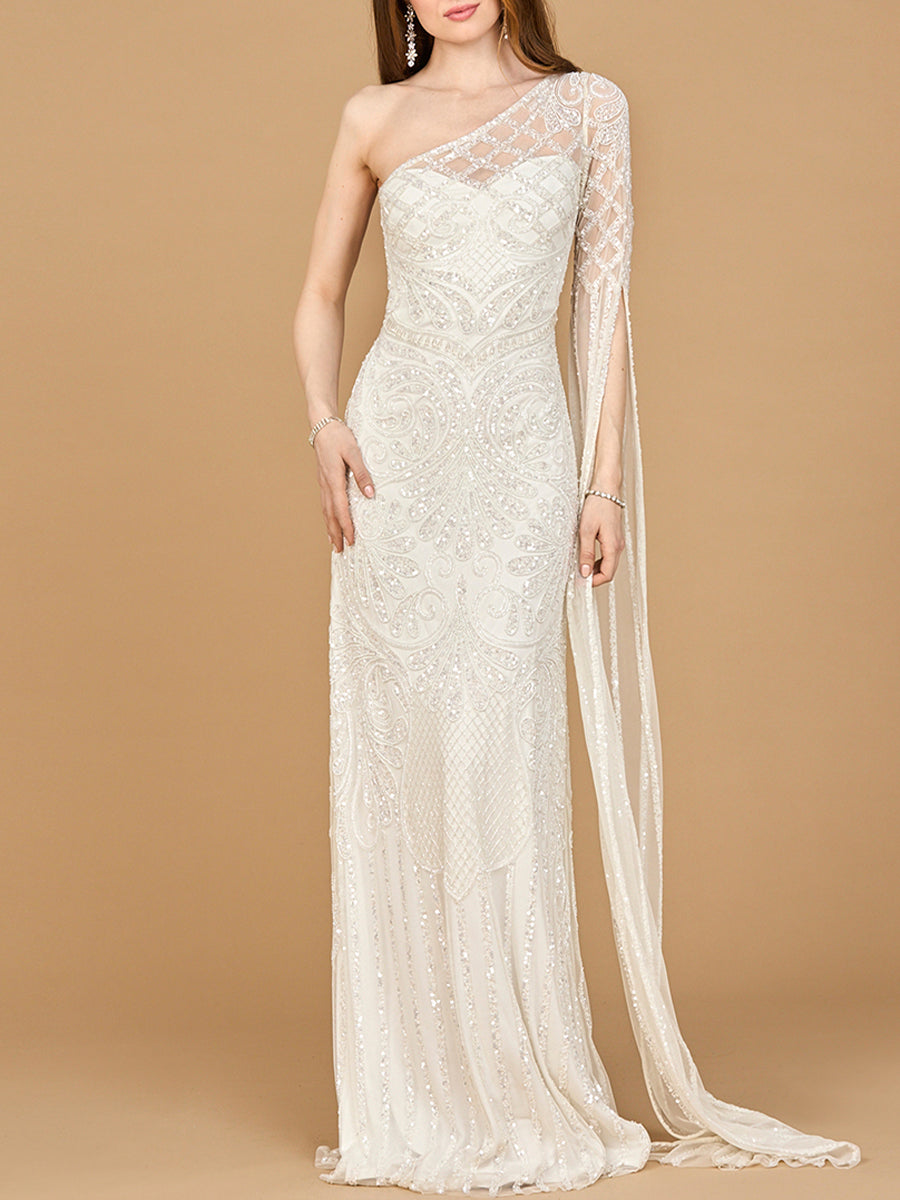 Brautkleid mit einem Ärmel und Perlenstickerei