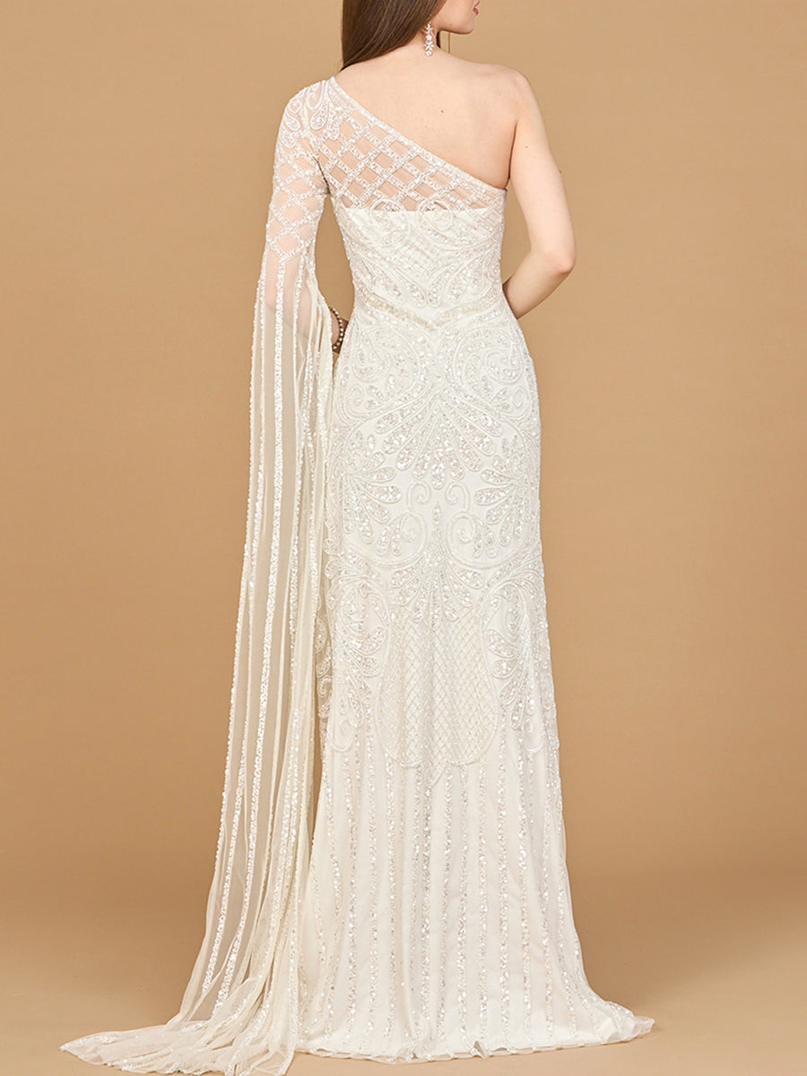Brautkleid mit einem Ärmel und Perlenstickerei