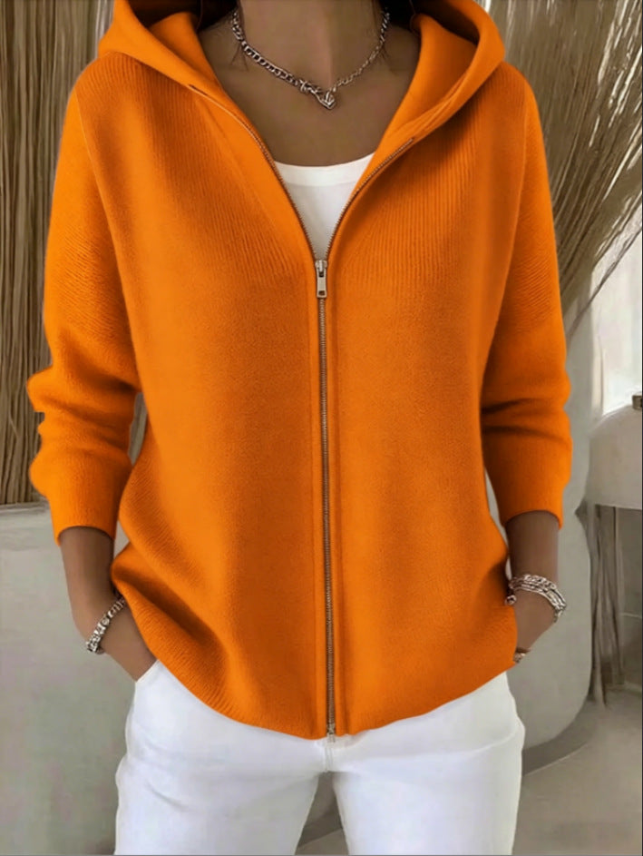 Zip-Up Knitted Hooded Cardigan Coat – Women’s Sweater