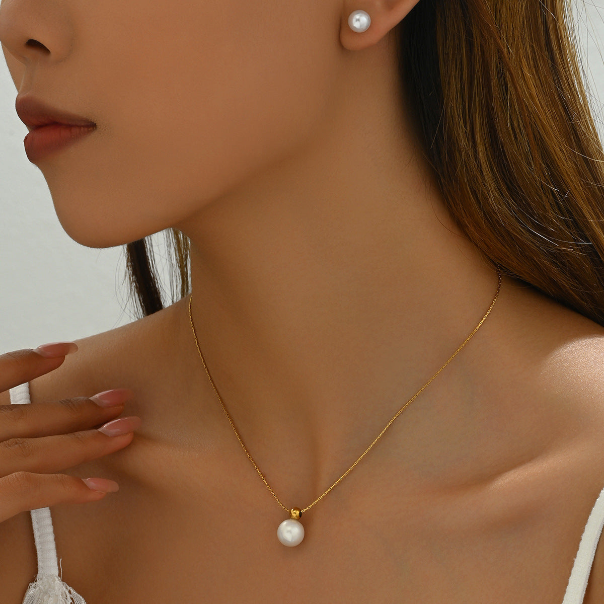 Minimalist Japanese Korean Style Geometric Pearl Jewelry Set, Niche Inlaid Craft Design Necklace & Sweet Versatile Earrings For Women