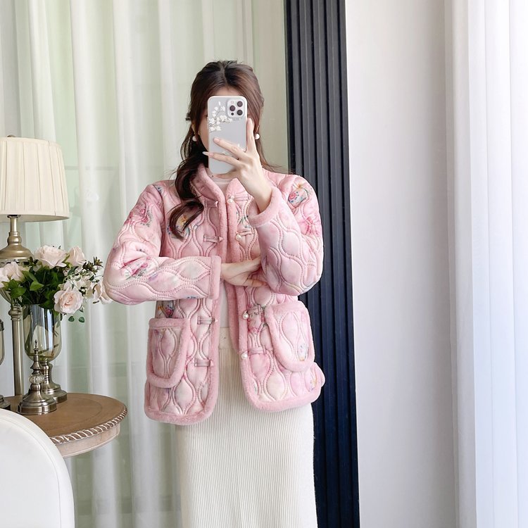 Womens Retro Frog-Button Floral Velvet-Lined Warm Cotton Padded Coat