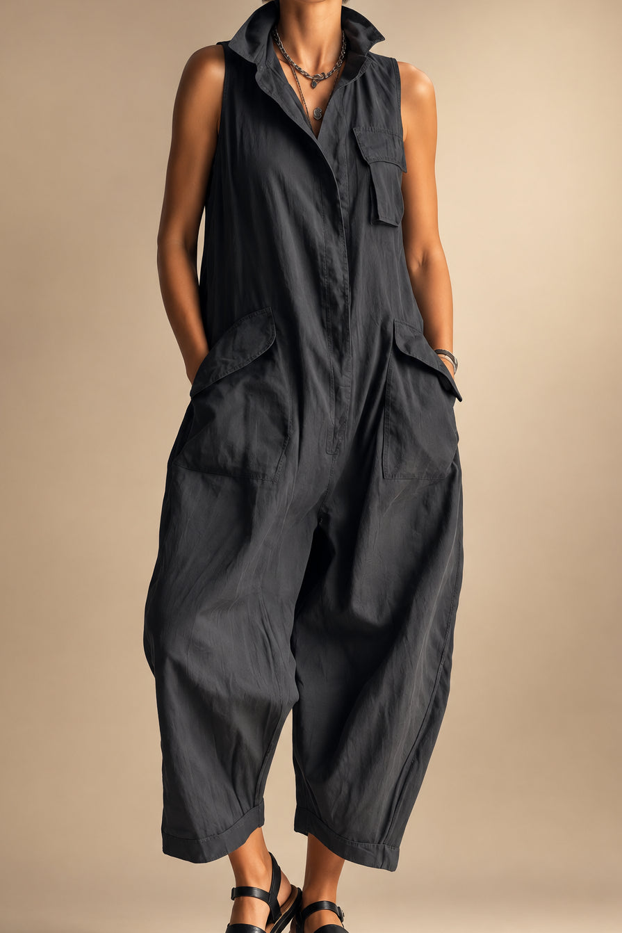 Women's Cotton Sleeveless Cargo Jumpsuit – Wide Leg Multi-Pocket