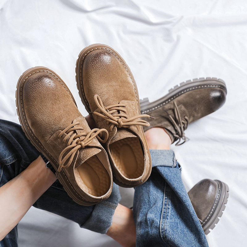 Youthful Round-toe Mens British-style Casual Pigskin Mid-heel Wide-toe Work Shoes
