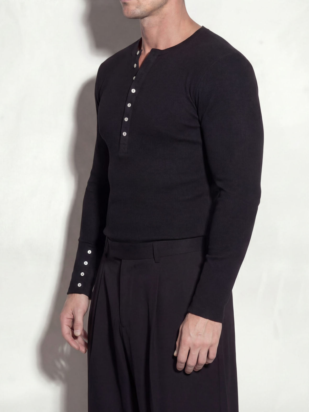 Black Henley Neck Ribbed Slim Fit Long Sleeve Knit Top