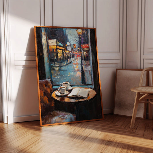 Scène de café pluvieux et confortable – Décoration murale de vitrine de café d'ambiance