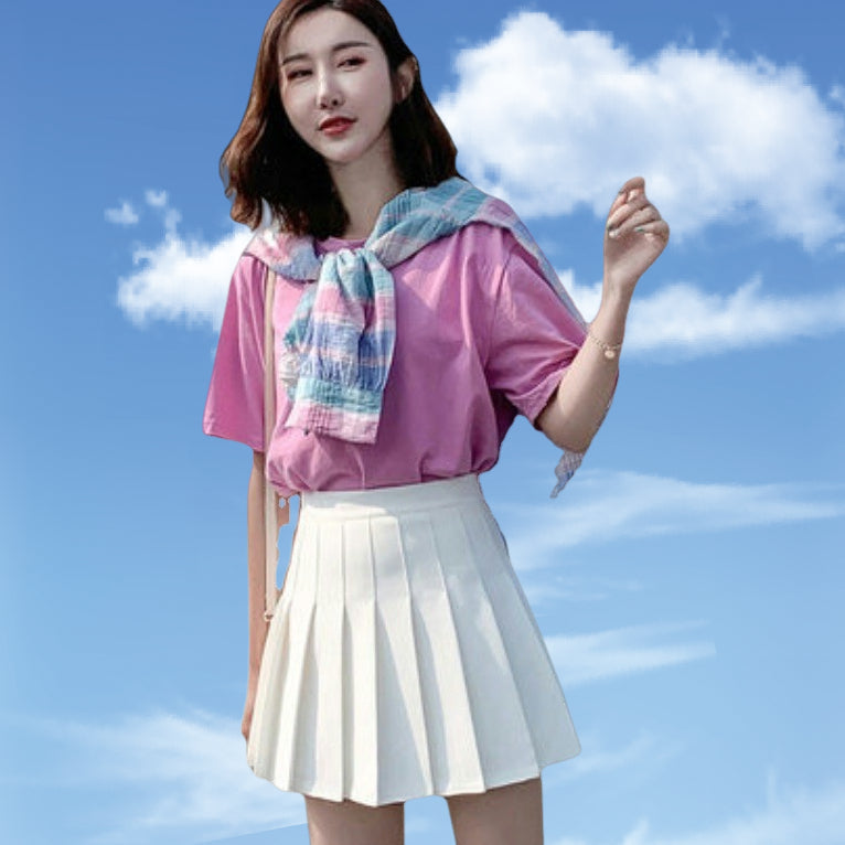 High-waisted A-line Skirt For Petite Women Gray And White Pleated Skirt