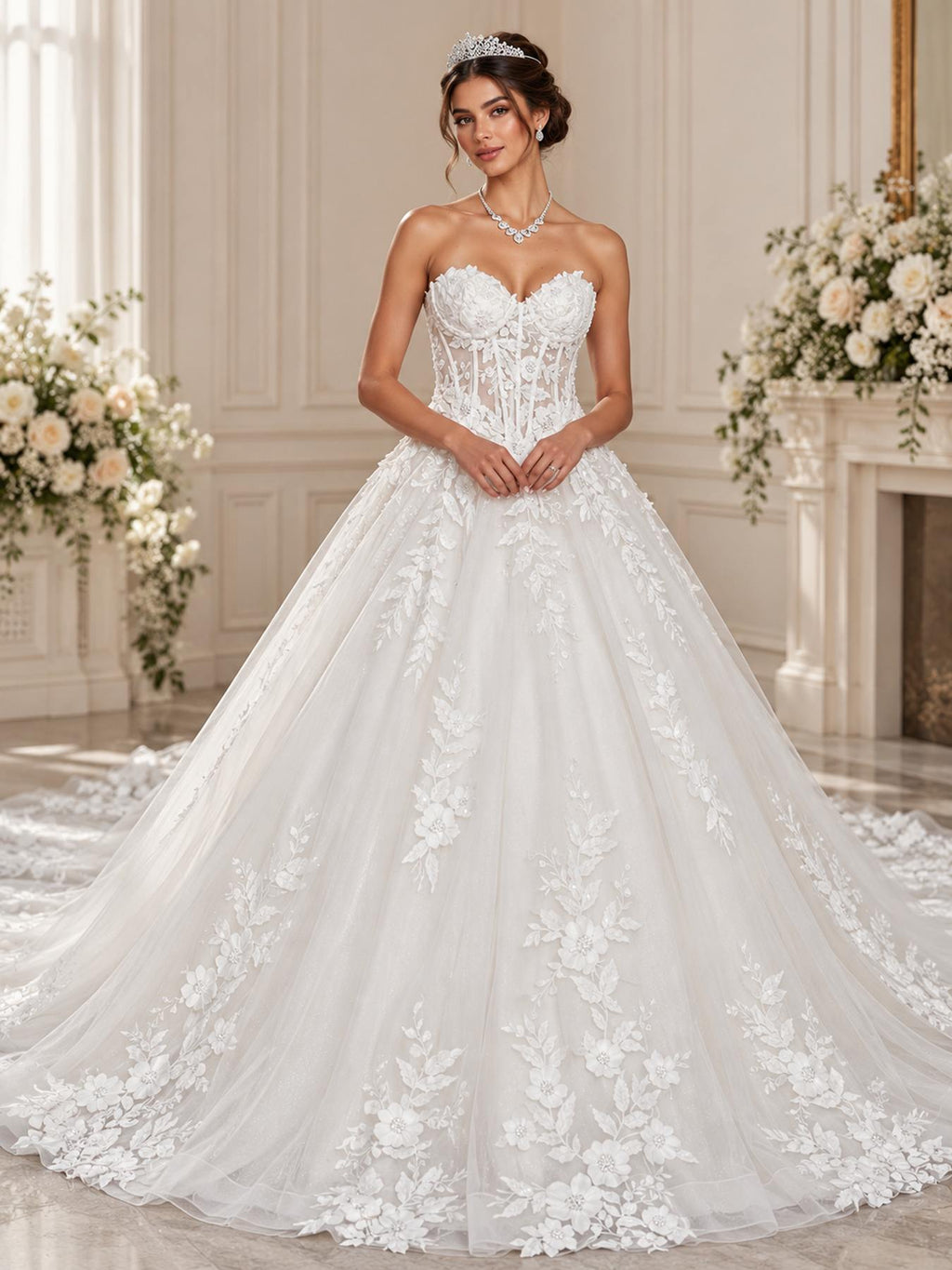Deklaire Bridal 524 Strapless Sweetheart Lace Ballgown Wedding Dress with Chapel Train