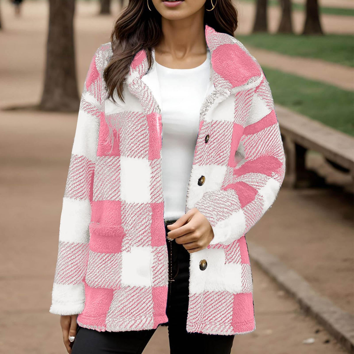 Women's Plaid Plush Button-Front Coat with Pockets