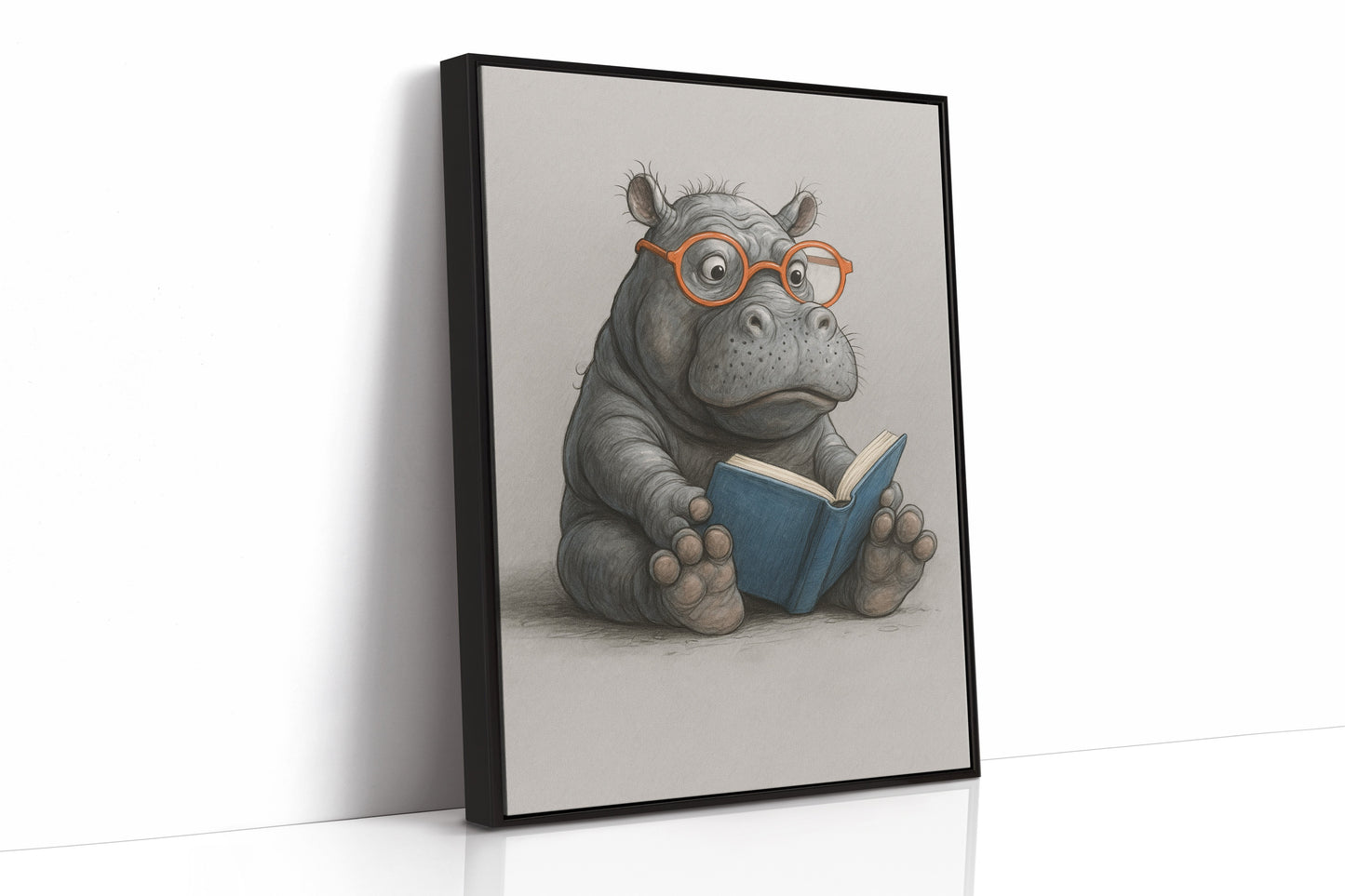 Baby-Nilpferd liest mit Brille