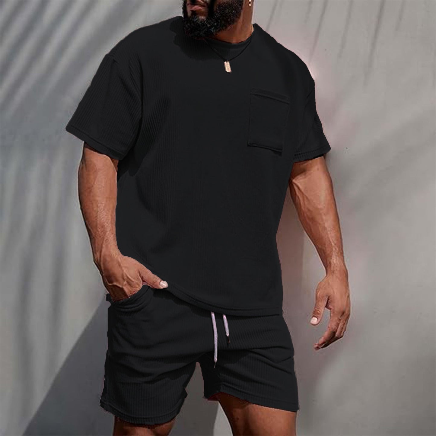 Mens Corduroy Casual Crew-Neck Shorts Set