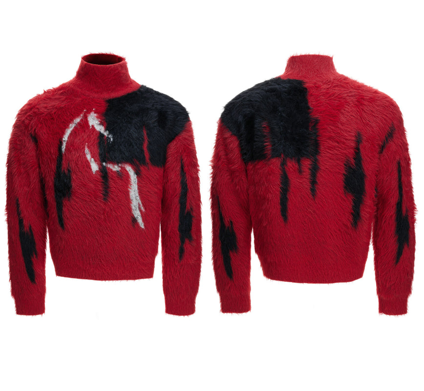 Mink-faux Fur Contrast-color Sweater With Diamond-embellished Horse Totem Knitwear