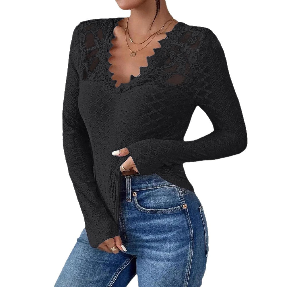 Solid-color V-neck Lace-panel Long-sleeve T-shirt Top For Womenelegant Style