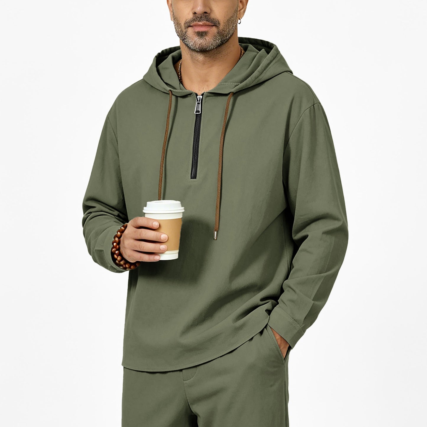 Mens Linen Hooded Half-Zip Sweatshirt