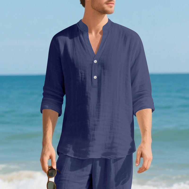 Autumn Linen Men's Long-Sleeve T-Shirt With Stand Collar And Buttons