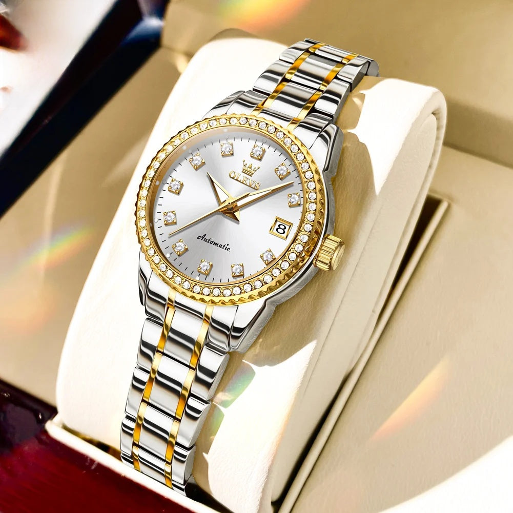 Damen-Automatikuhr mit Diamantzifferblatt aus Edelstahl