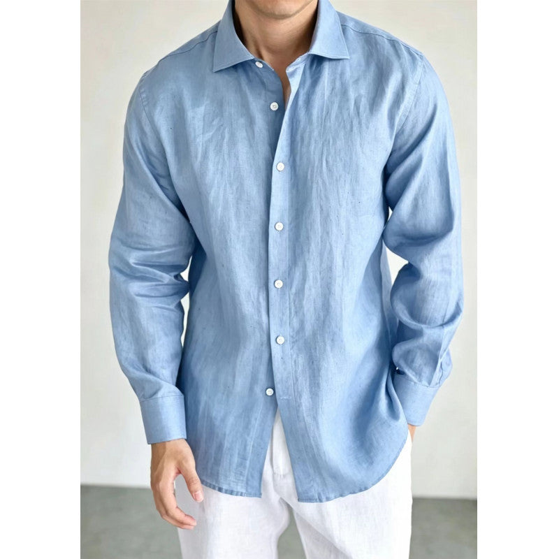 Mens Navy Blue Linen Fashionable Casual Shirt