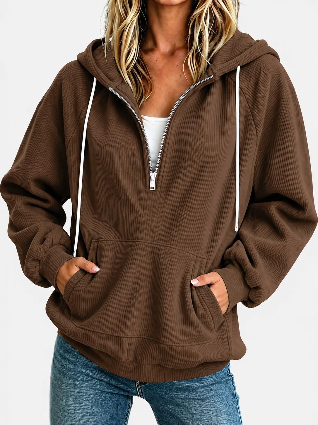 Womens Loose-fit Long-sleeve Half-zip Hooded Sweatshirt