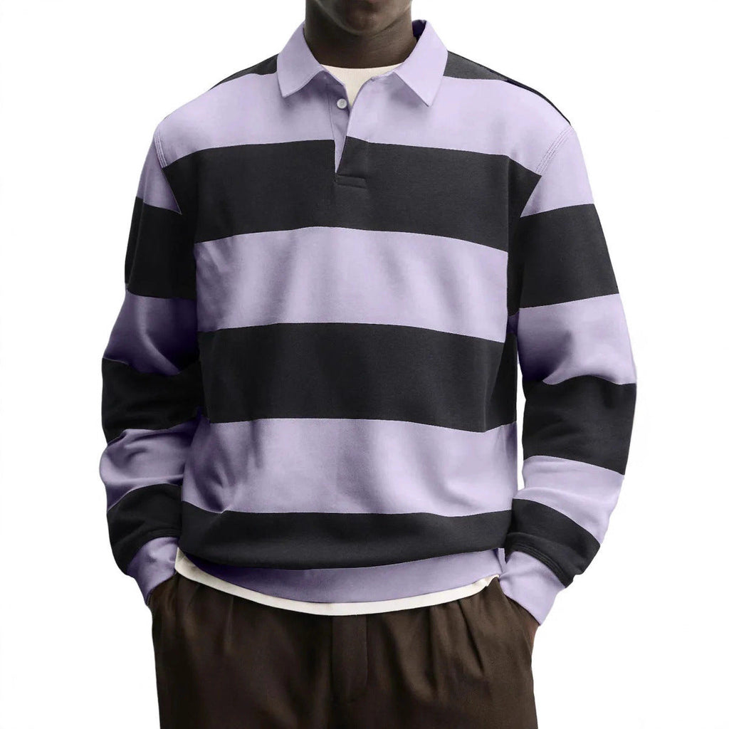 Mens Loose-collar Long-sleeved Striped T-shirt