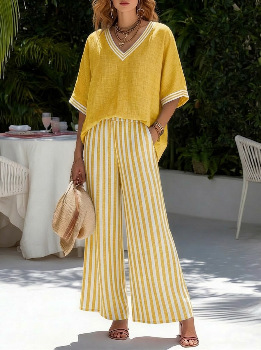 Women's Striped Tunic Top & Casual Trousers Two-Piece Set